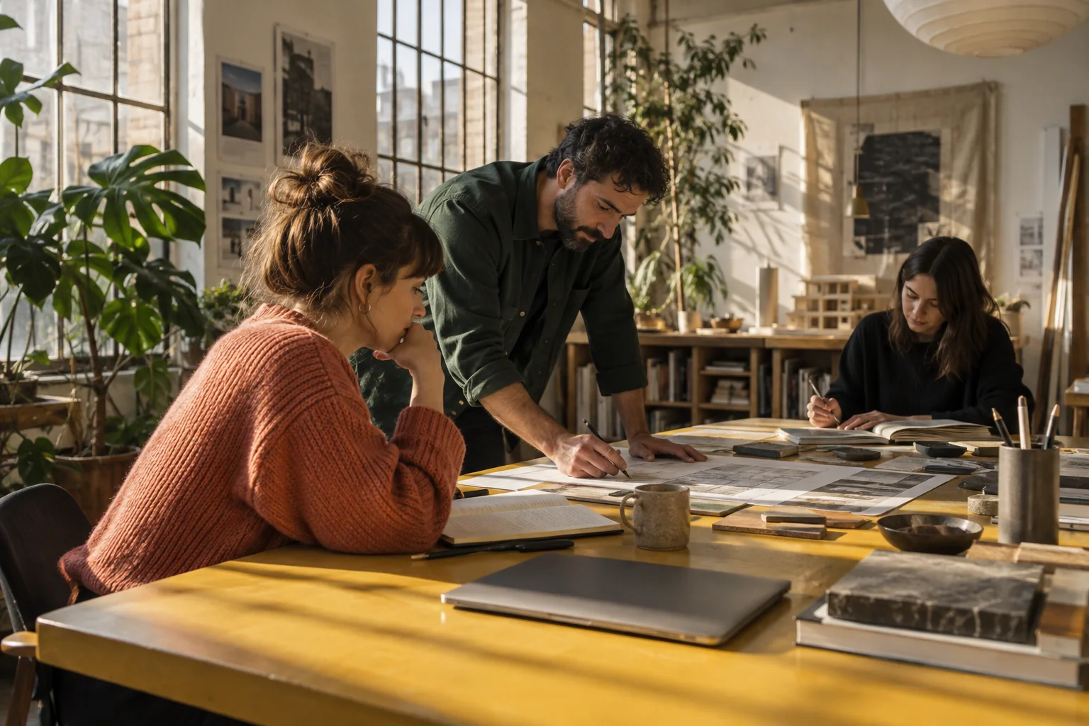 AI-generated editorial scene of colleagues planning work together around a table in a sunlit studio.