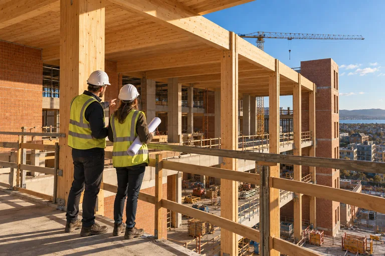 AI-generated scene of two construction colleagues reviewing work on a timber building site.
