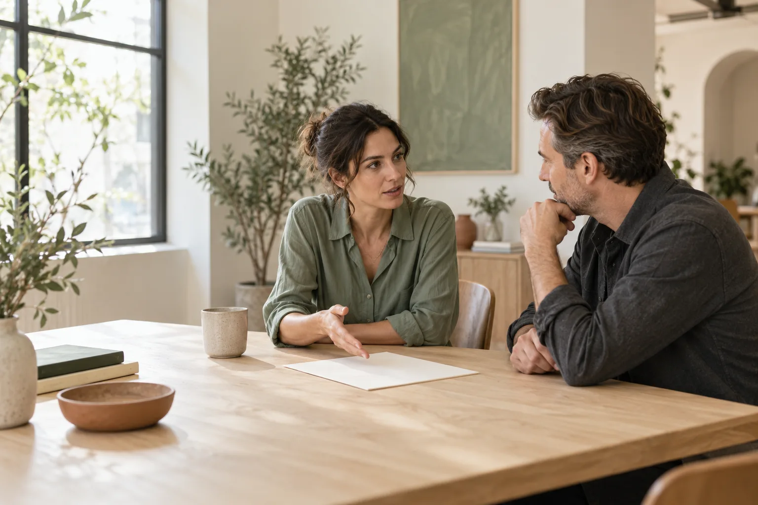 AI-generated editorial scene of two colleagues discussing their next step at a sunlit office table.