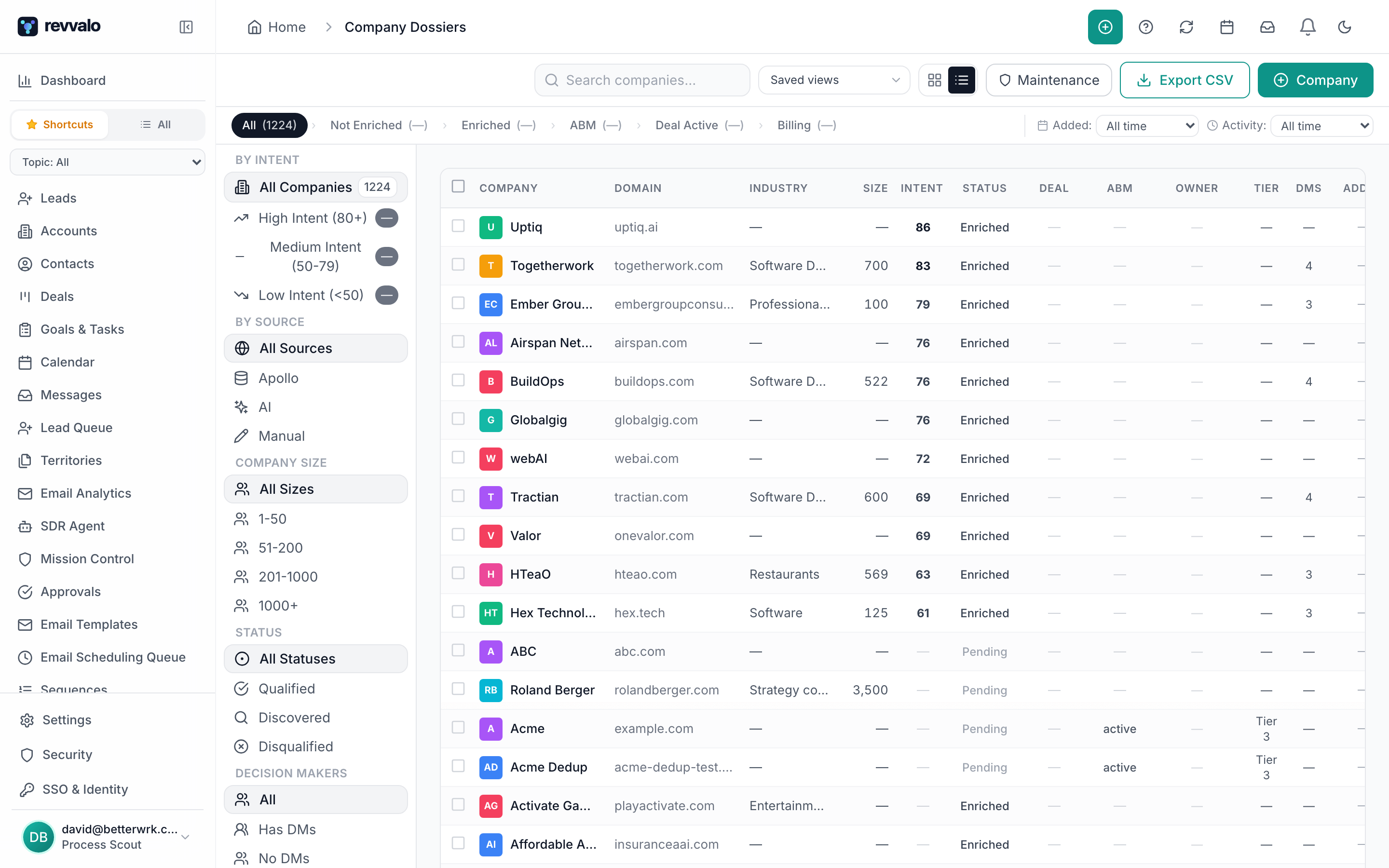 Revvalo company dossier list showing domain, industry, size, intent score, and enrichment status for a run of accounts